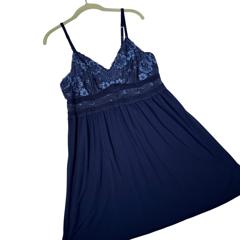 Soma Chemise Nightgown Womens Large Navy Blue Lace Floral Sleepwear Excellent